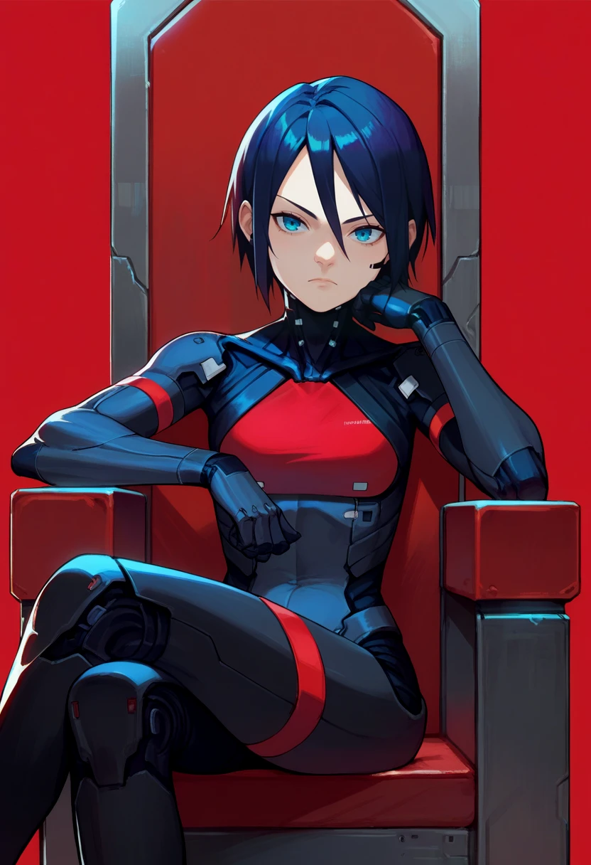 score_9, score_8_up, score_7_up, source_anime, solo, 1girl, elster, cyborg, sitting, crossed legs, head rest, throne, bodysuit, simple background, red background <lora:signalis_elster_ponyXL:1>