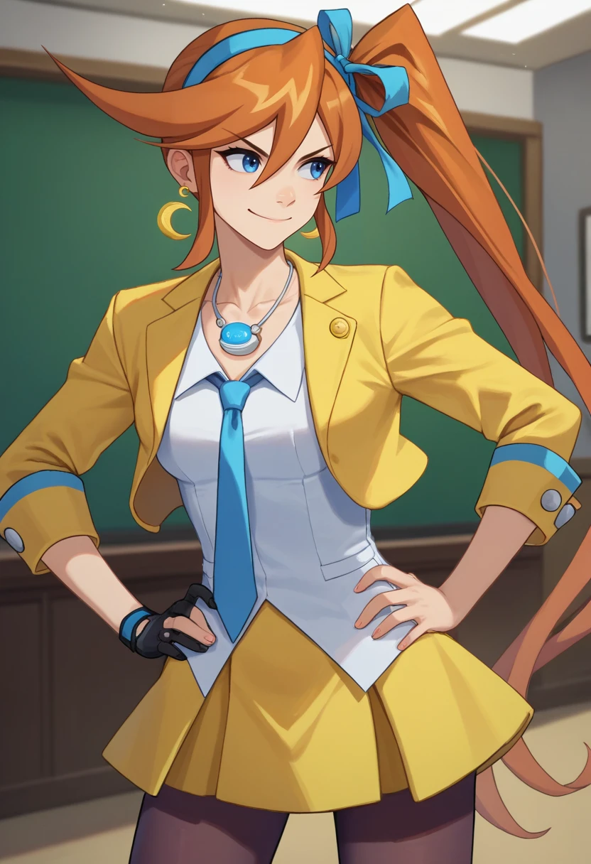 score_9, score_8_up, score_7_up, source_anime, solo, 1girl, athena cykes, smirk, looking away, hands on hips, side ponytail, hair ribbon, v-shaped eyebrows, yellow jacket, white shirt, blue necktie, single glove, yellow skirt, black pantyhose, jewelry, necklace, crescent earrings, indoors <lora:aa_athenacykes_ponyXL:1>