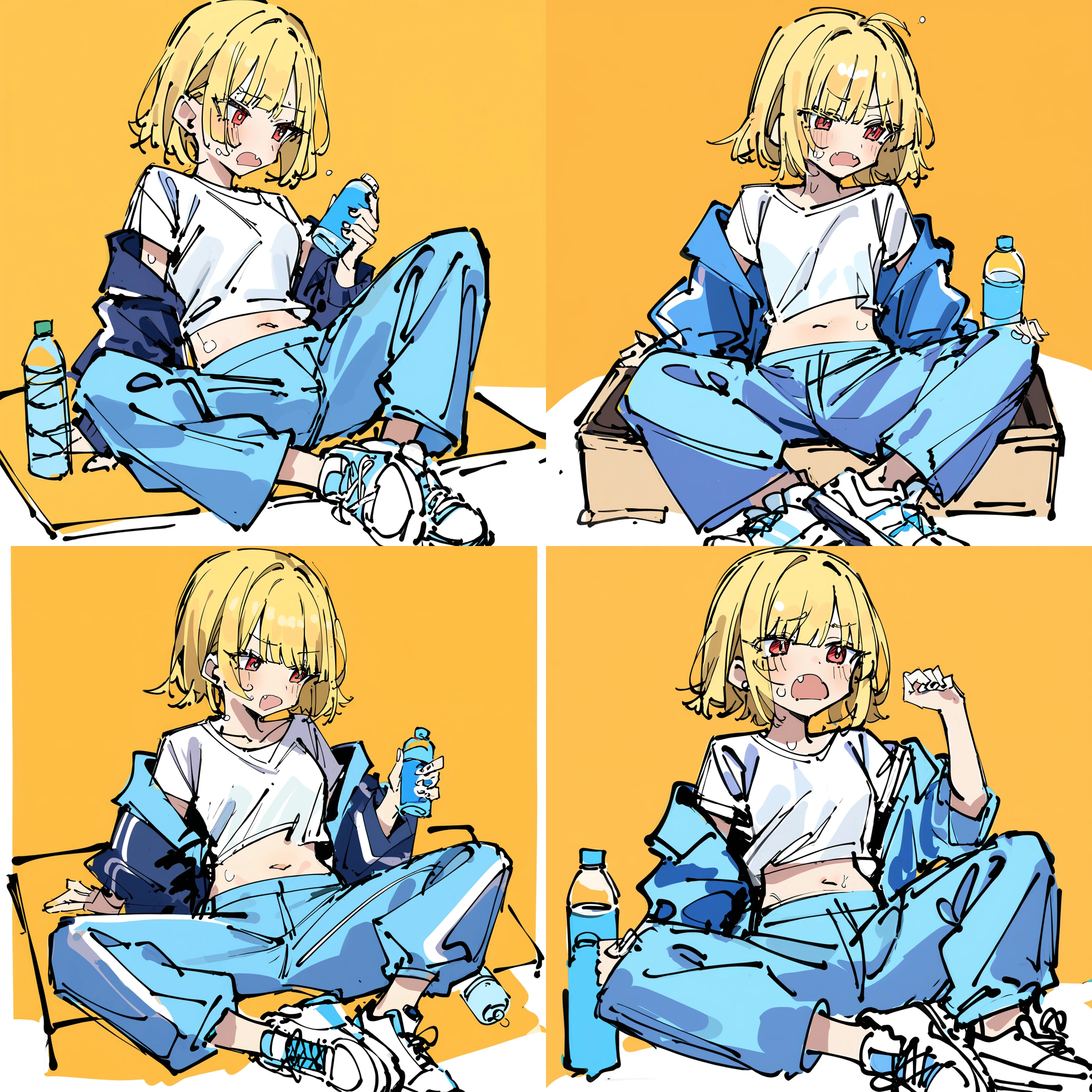 1girl, blonde hair, solo, (unfinished:1.2), jacket, shirt, sweat, pants, white shirt, red eyes, navel, fang, sitting, bottle, open mouth, shoes, white footwear, short hair, blush, blue jacket, open jacket, white background, open clothes, bangs, midriff, water bottle, short sleeves, colored eyelashes, orange background, off shoulder, sneakers, blue pants, <lora:roughsketch:0.8>