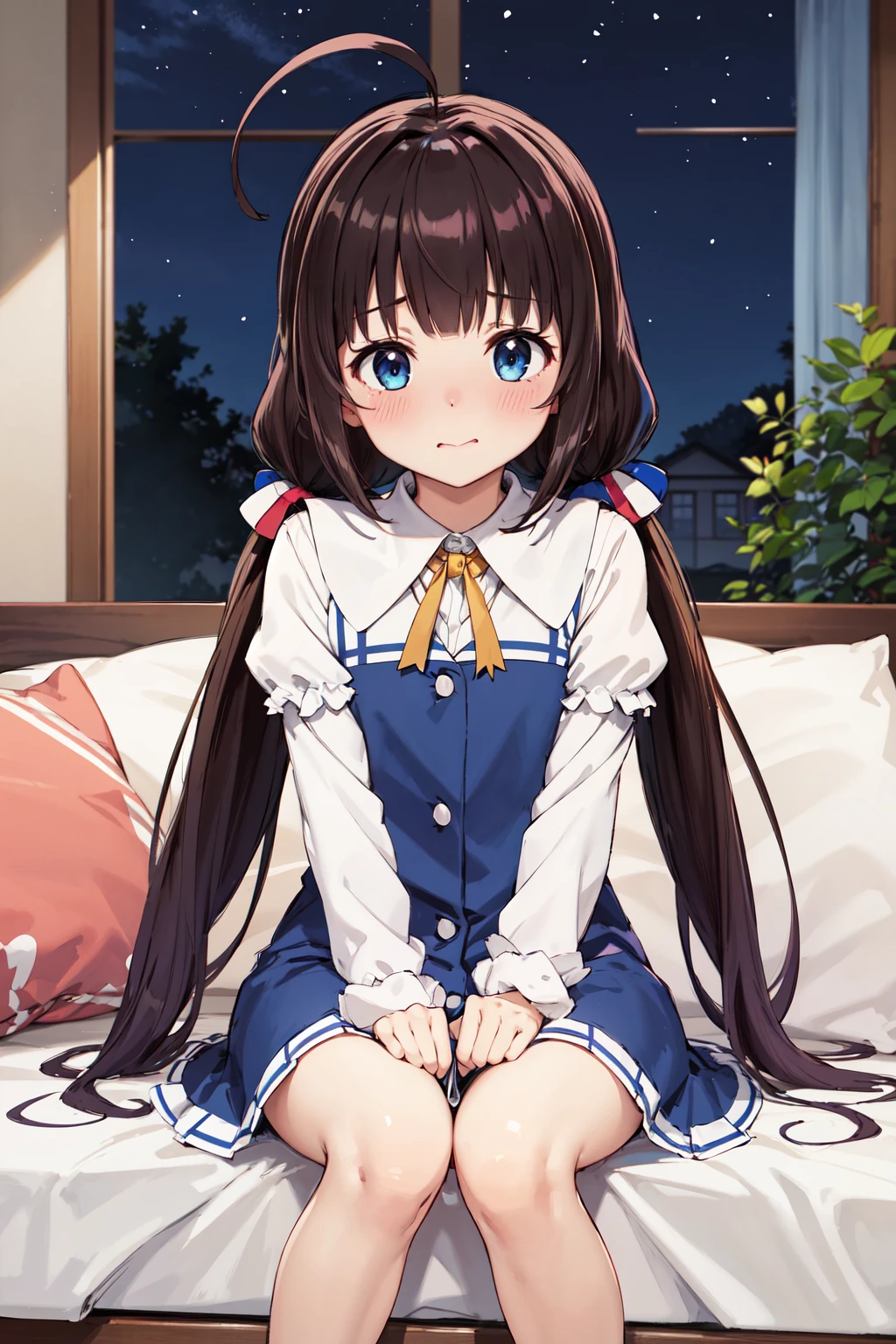 masterpiece,best quality,highres,ultra-detailed,hinatsuru ai,long hair,ahoge,low twintails,school uniform,neck ribbon,dress,blue dress,white shirt,short over long sleeves,socks,white socks,<lora:hinatsuru_ai:0.8>,indoors,sitting,bed,blush,(embarrass:1.2),night,