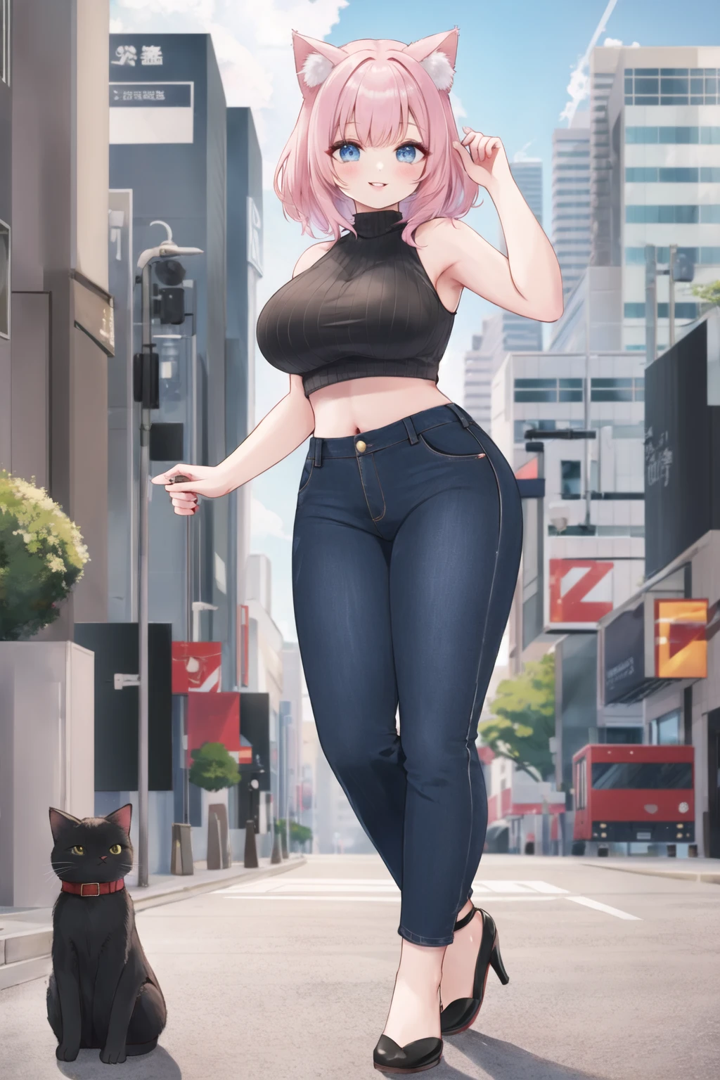 <lora:pnclpnts-10:0.6>, pencil pants, outdoors, large breasts, smile, lips, cityscape, midriff, cat ears, crop top, sleeveless