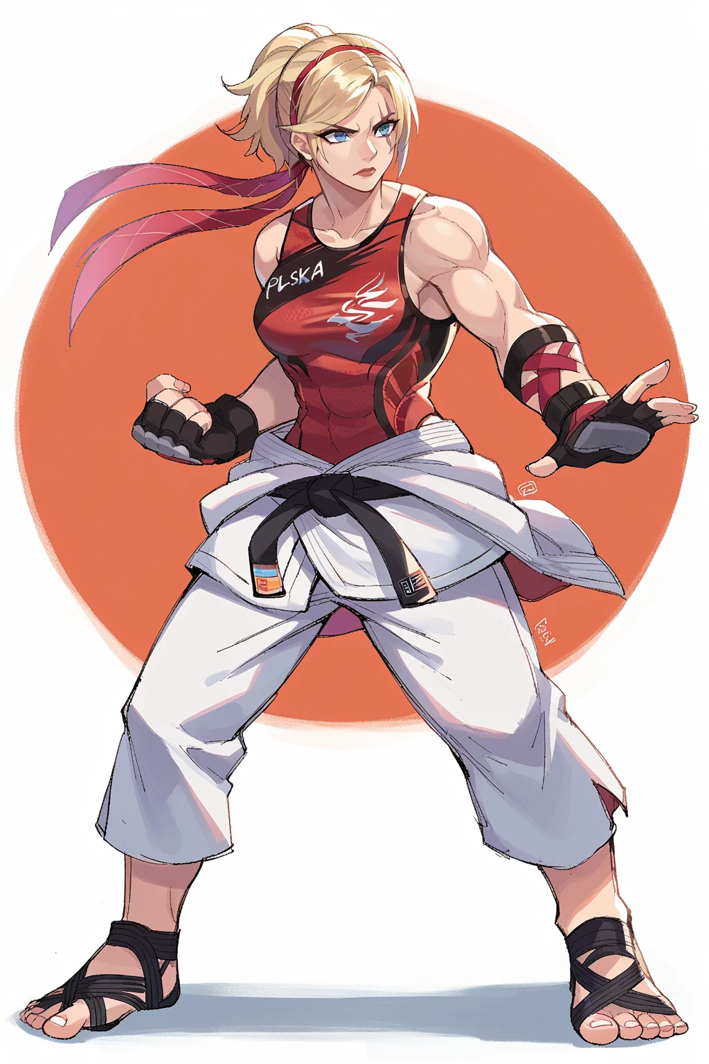 score_9, score_8_up, score_7_up, score_6_up, score_5_up, score_4_up, BREAK source_anime,solo
edgLidia,fingerless gloves,scar across one eye,ponytail,red hairband,black karate belt,clothes around waist,dougi,tank top, 1girl, solo, breasts, short hair, blue eyes, blonde hair, gloves, full body, hairband, belt, pants, muscular, toes, scar, sandals, scar on face, black belt, fighting stance, nose
 <lora:edgLidiaTekkenPonyv1:1>