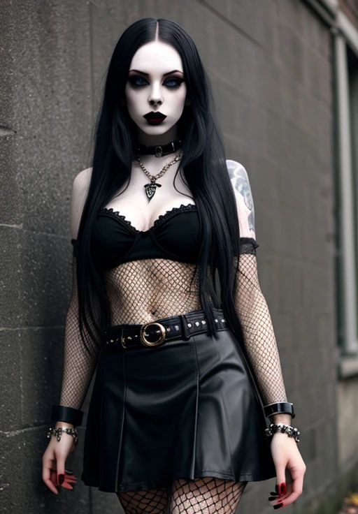 ((pale skin)), ((white skin)), brunette, 12 year old girl, with long hair, with blue eyes, ((goth)), naked, defined muscles, six-pack abs, ((black lipstick))