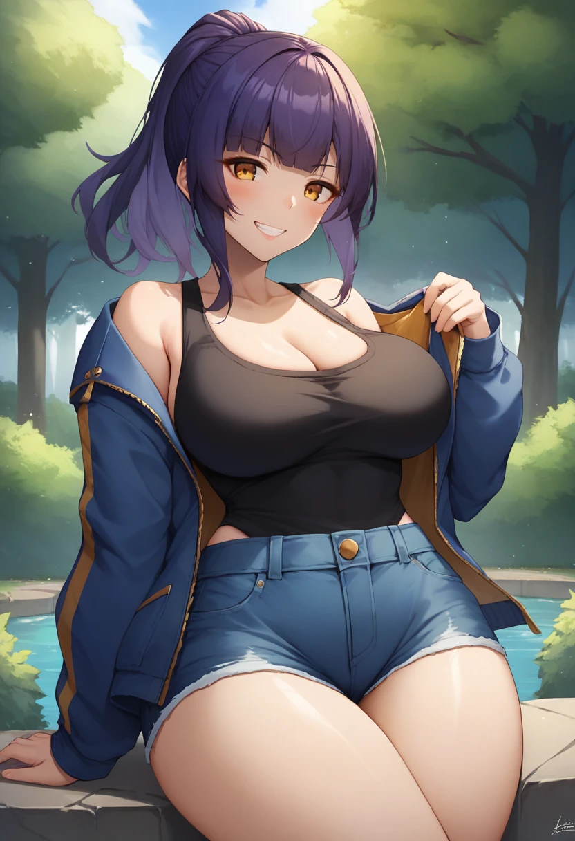 score_9, score_8_up, score_7_up, source_anime, 1girl, solo, park, amber eyes, violet hair, blue jacket, open jacket, black tank top, jean shorts, seated, on a rock, cowboy shot, grin, blush, big breasts, wide hips, thick thighs, blunt bangs, ponytail, by xfate <lora:xFate-Style-PonyXL:1>