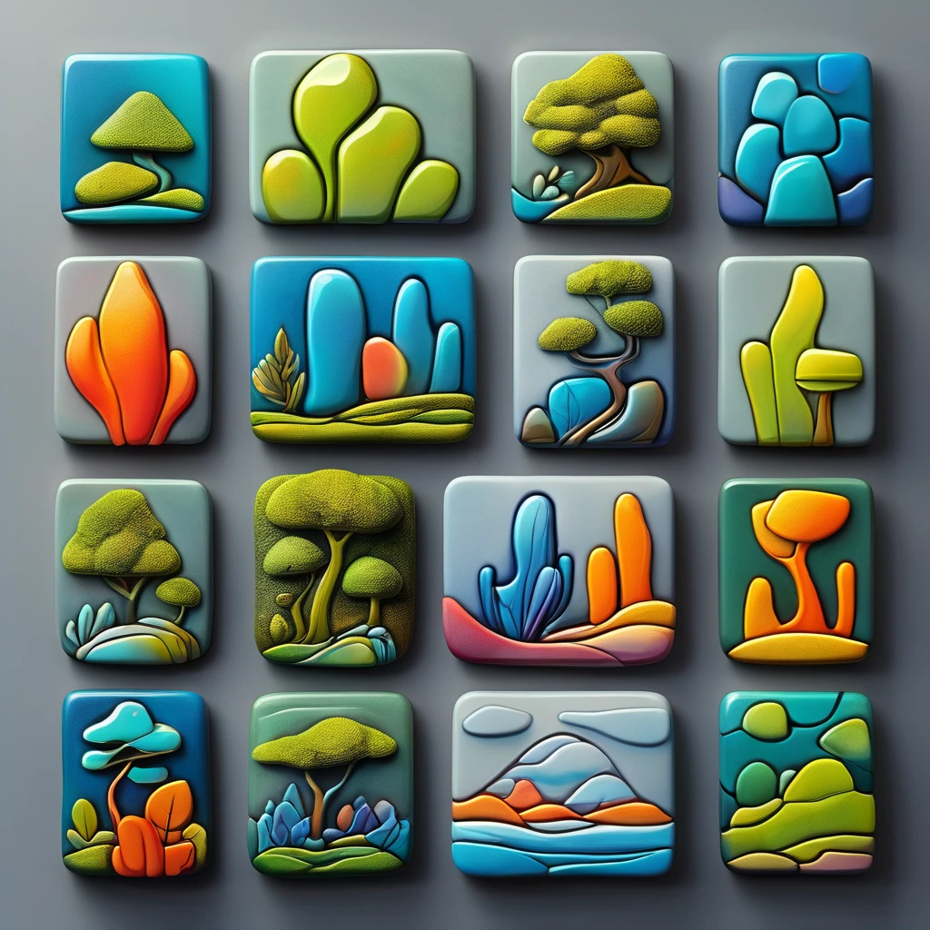 <lora:artfullyTILES_SDXL_V1:0.7>,icon collection arranged in a grid of a set of different colored , abstract colorful MOSS, landscapes set set, bright glazes, ceramic, decorative relief, iconographic motifs, icons set isolated on grey background c, in the style of tactile textured paintings, luminous 3d objects, opaque resin panels, organic stone carvings, rounded forms, surrealistic ceramic sculptures, tonal colors, vibrant color blocks, vibrant fantasy landscapes, hyper-detailed illustrations, colorful biomorphic forms