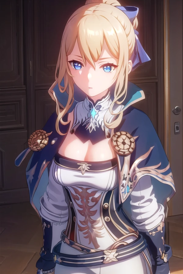 jean, <lora:genshin jean ingame-lora-nochekaiser:1>,
jean, long hair, bangs, blue eyes, blonde hair, bow, hair between eyes, ponytail, hair bow, sidelocks,
BREAK gloves, belt, capelet, cleavage, pants, white pants, detached sleeves, detached collar,
BREAK outdoors,
BREAK looking at viewer, (cowboy shot:1.5),
BREAK <lyco:GoodHands-beta2:1>, (masterpiece:1.2), best quality, high resolution, unity 8k wallpaper, (illustration:0.8), (beautiful detailed eyes:1.6), extremely detailed face, perfect lighting, extremely detailed CG, (perfect hands, perfect anatomy),