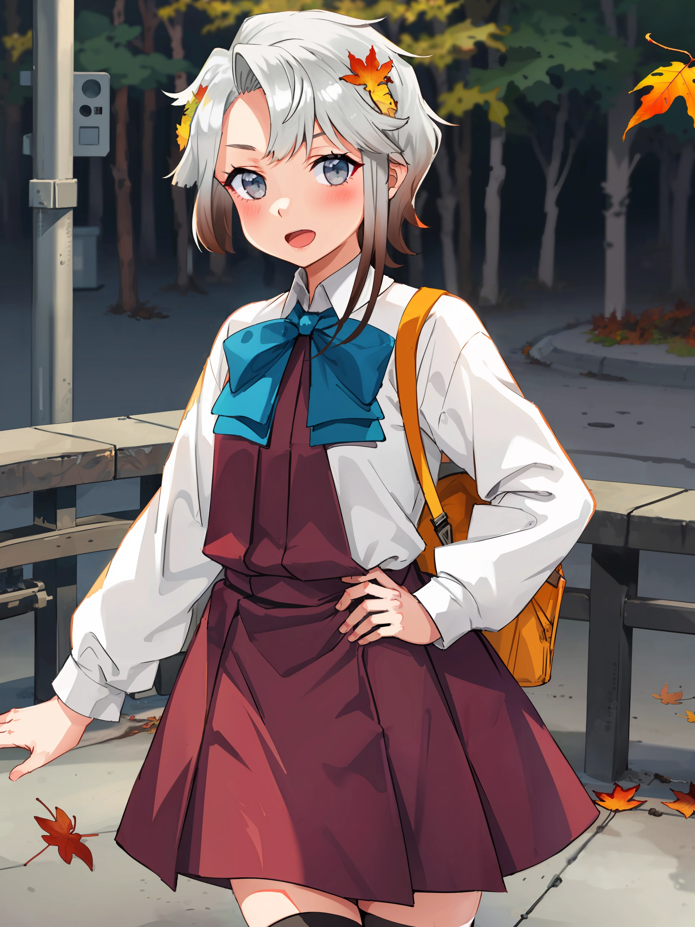 akishimo \(kancolle\), 1girl, solo, shirt, aqua bowtie, dress, bowtie, white shirt, bow, aqua bow, long sleeves, asymmetrical hair, purple dress, school uniform, white hair, short hair with long locks, leaf, multicolored hair, thighhighs, cowboy shot, pleated dress, open mouth, rigging, asymmetrical bangs, autumn leaves, holding, blue bow, blue bowtie, looking at viewer, machinery, blush, holding leaf, original, intricate detail, illustration, masterpiece, extremely detailed CG unity 8k wallpaper, highlight, sharpening, dynamic, <lora:Akishimo:0.8>,