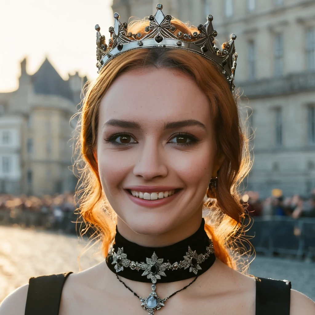 ((Skin Texture, pores, natural,iPhone,RAW)), natural lighting, Highest Quality closeup Portrait photo of a  woman dressed as a medieval queen with a delicate crown,black thin choker, clear lipgloss, Nikon Z9, realistic matte skin,  blurry city in the background, 8K, whole face,   <lora:olcooke_xl_1_standard_wo_cap-000060:1>, smiling, teeth
