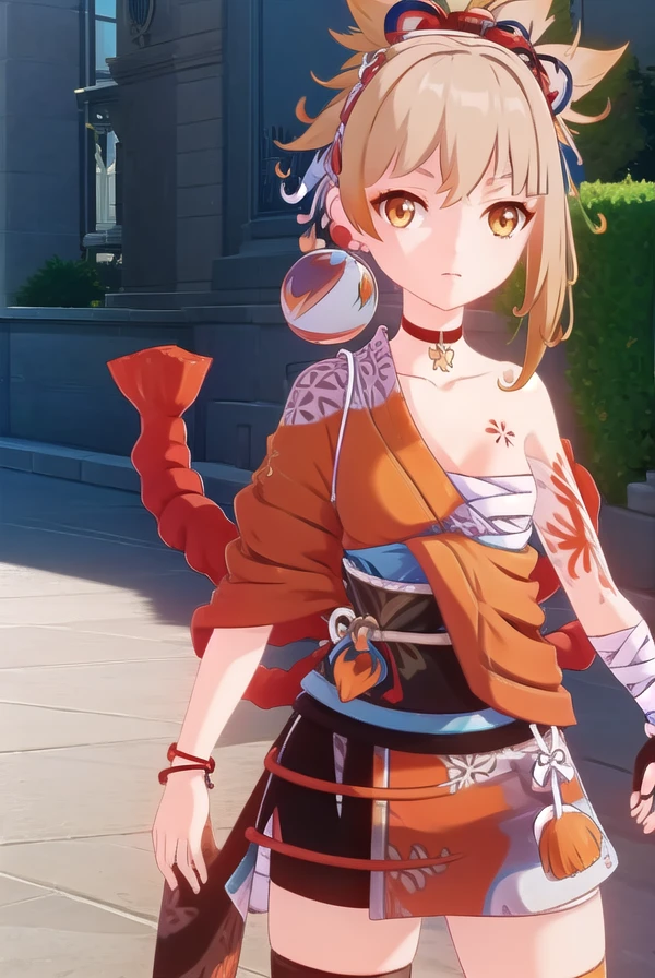 yoimiya, <lora:genshin yoimiya ingame-lora-nochekaiser:1>,
yoimiya, bangs, blonde hair, hair ornament, hair between eyes, ponytail, sidelocks, (orange eyes:1.3), light brown hair, smile,
BREAK thighhighs, gloves, jewelry, japanese clothes, choker, fingerless gloves, kimono, bracelet, sash, tattoo, bandages, obi, rope, asymmetrical legwear, pouch, sarashi, bandaged arm, red choker, arm tattoo, shimenawa, bandaged leg, chest tattoo, hadanugi dousa, orange kimono, single fingerless glove,
BREAK outdoors,
BREAK looking at viewer, (cowboy shot:1.5),
BREAK <lyco:GoodHands-beta2:1>, (masterpiece:1.2), best quality, high resolution, unity 8k wallpaper, (illustration:0.8), (beautiful detailed eyes:1.6), extremely detailed face, perfect lighting, extremely detailed CG, (perfect hands, perfect anatomy),