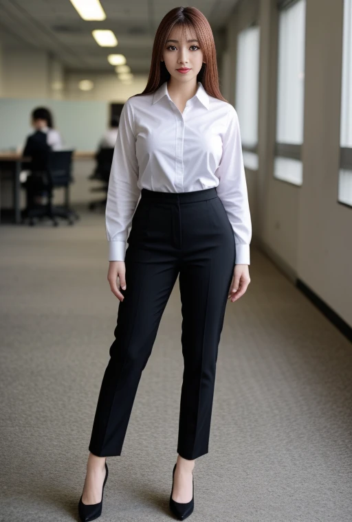 full body shot of business photo of yuu_sakura, pants, black attire, big breasts, collared shirt, tucked shirt, <lora:yuu_sakura:1>. Professional attire, workplace setting, confident. Whole outfit, clear, sharp, balanced