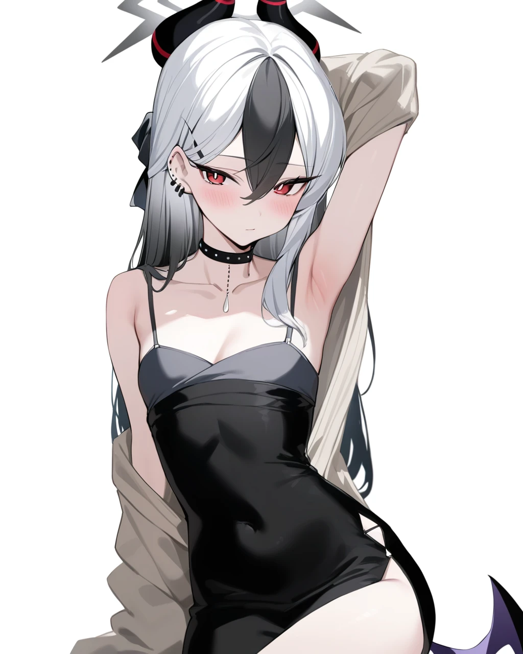 absurdres,(1girl),ite,white background,small breasts:0.9,((white hair,Red eyes)),pixie cut,pointy ears,standing,looking at viewer, (facing viewer),cowboy shot, arms behind back, light smile, black panties,black bra