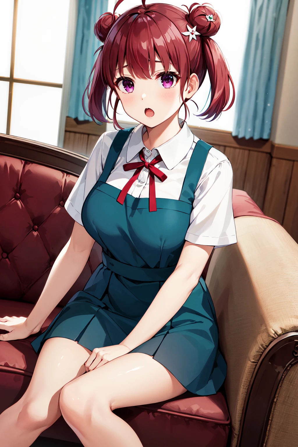 masterpiece, best quality, highres, 1girl, solo, short hair, red hair, short twintails, double bun, ahoge, hair ornament, purple eyes, large breasts, school uniform, neck ribbon, white shirt, pinafore dress, short sleeves, <lora:hashima_izumi_v1:0.7>, sitting, room, :o, sofa