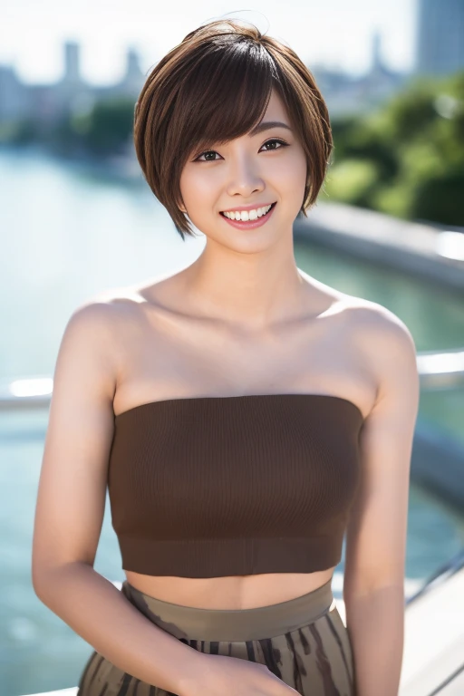 (8k, highest quality, masterpiece: 1.2), ultra detail, highest quality, ultra high resolution, professional lighting, photon mapping, radiosity, physically based rendering, cinematic lighting, depth of field, focusing, sunbeams, good composition, (bokeh: 1.2), 1 girl, (full body), smile, beautiful eyes, pose, constriction, brown hair, short hair, bustier top, skirt, park