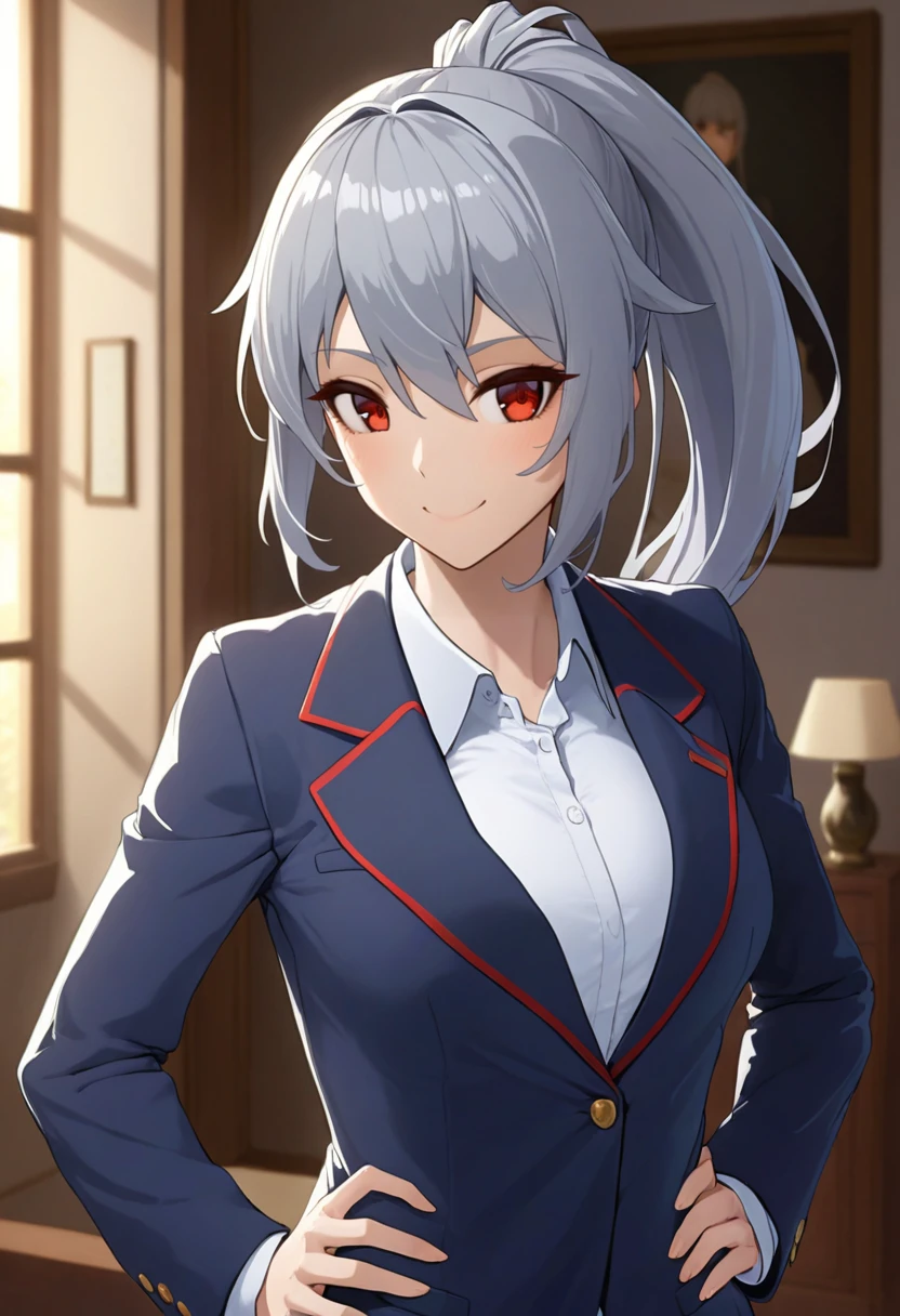 masterpiece, best quality, 1girl,red eyes,smile, room, ponytail,grey hair, portrait,hand on hip, blazer, by xfate <lora:xFate-Style-AniXL:1>
