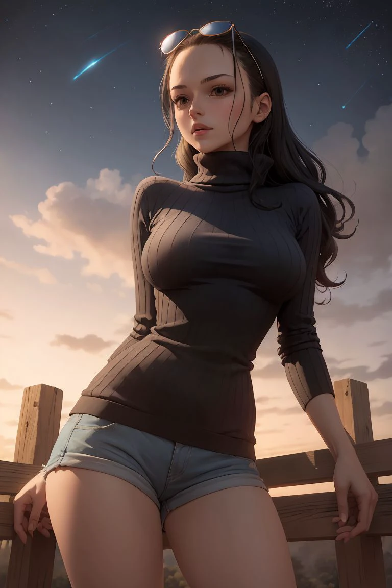 masterpiece,1girl, NicoRobin_post  <lora:NicoRobin_post-18:1>, 1girl, solo, hair slicked back, eyewear on head, ribbed sweater, blue sweater, short shorts, cowboy shot, evening, outdoors, stars