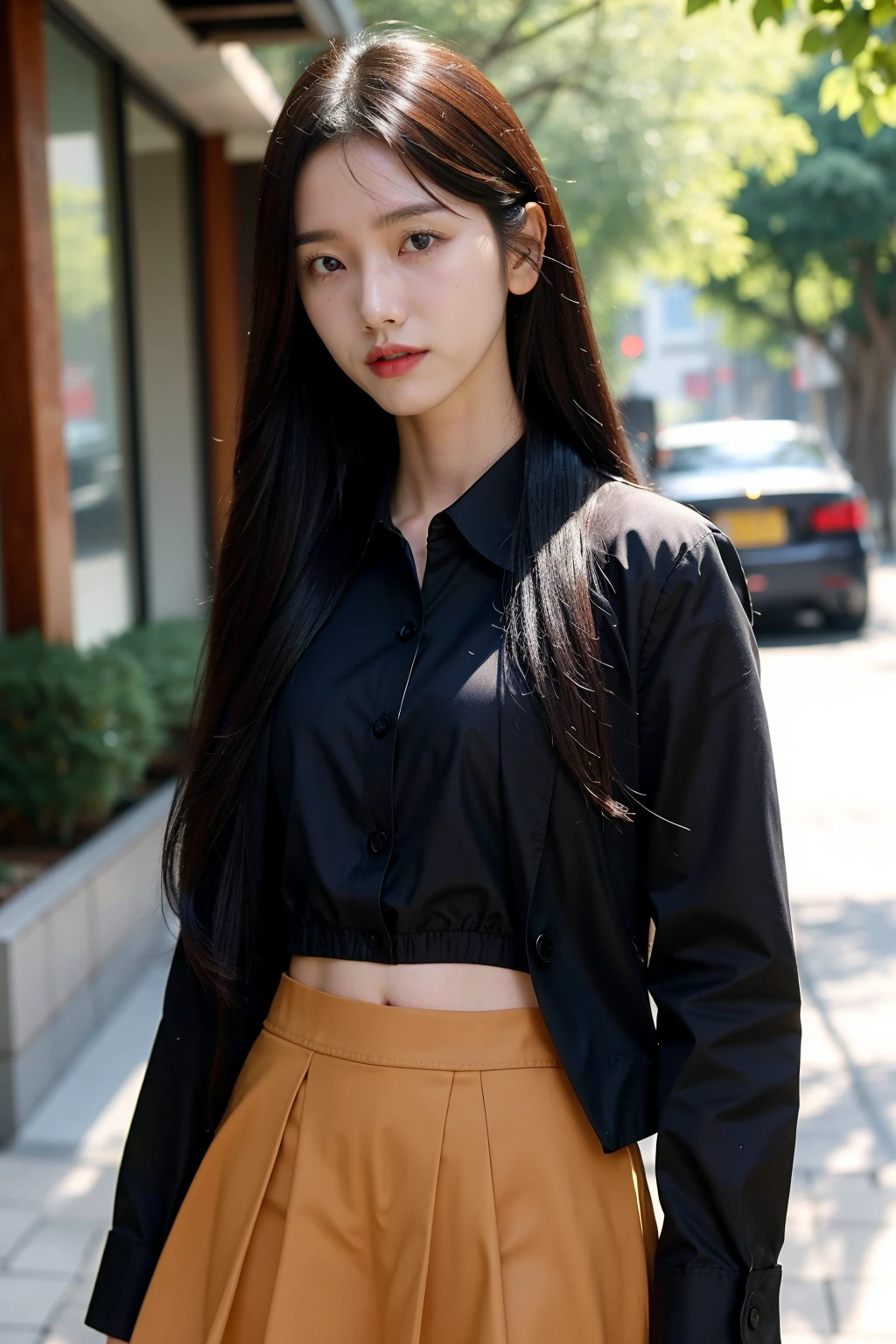 Best quality, masterpiece, ultra high res, (photorealistic), raw photo,1girl, skinny, cowboy shot,solo, realistic, looking at viewer, long hair, bokeh background, city streets,brown eyes,collared shirt, flared skirt, jacket, navel, <lora:makina69_taeri_v1.4:1>