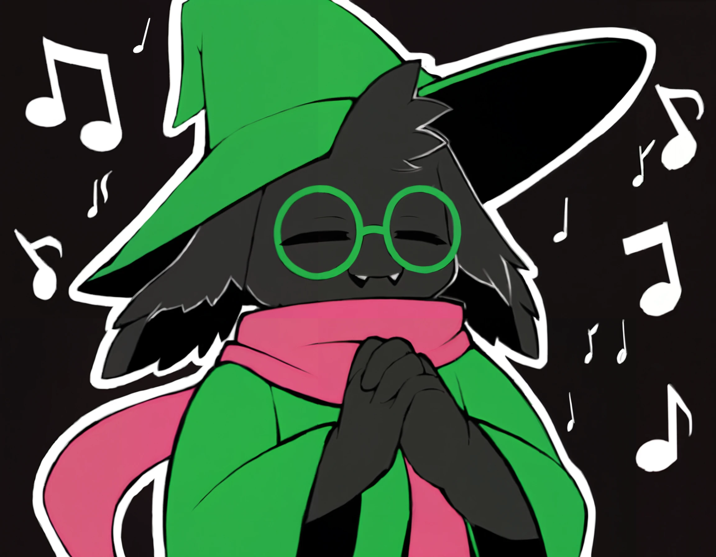 maskedralsei, outline, heart, green glasses, scarf, wizard hat, own hands together, closed eyes, singing, music, musical note, eighth note, hands up, other focus, black background, upper body, standing, quarter note