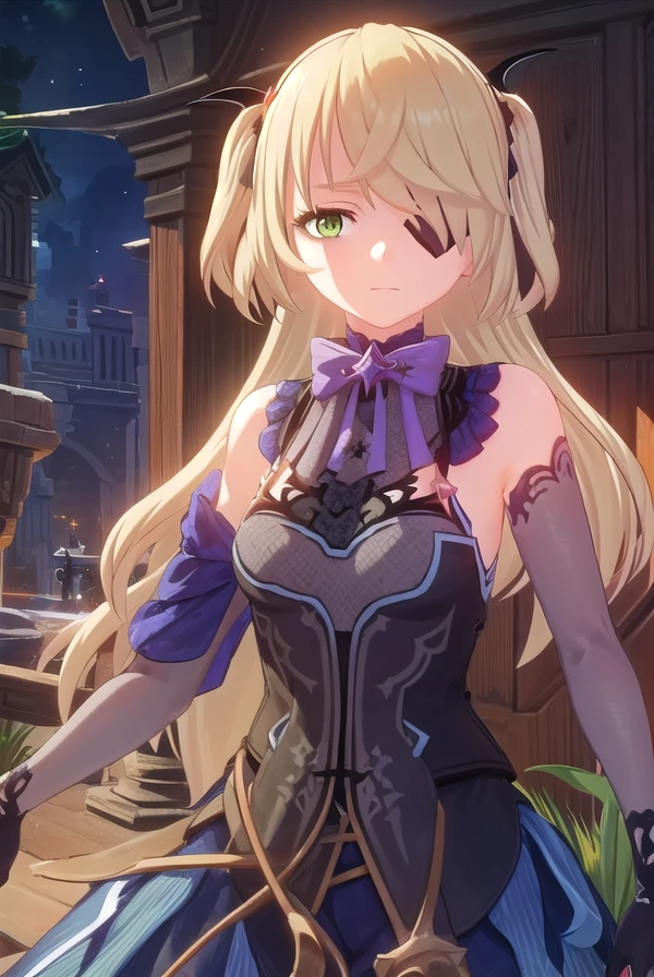 fischl, <lora:genshin fischl ingame-lora-nochekaiser:1>,
fischl, long hair, bangs, blonde hair, ribbon, (green eyes:1.3), hair ribbon, hair over one eye, two side up, eyepatch
BREAK gloves, bow, bare shoulders, black gloves, elbow gloves, bowtie,
BREAK outdoors,
BREAK looking at viewer, (cowboy shot:1.5),
BREAK <lyco:GoodHands-beta2:1>, (masterpiece:1.2), best quality, high resolution, unity 8k wallpaper, (illustration:0.8), (beautiful detailed eyes:1.6), extremely detailed face, perfect lighting, extremely detailed CG, (perfect hands, perfect anatomy),