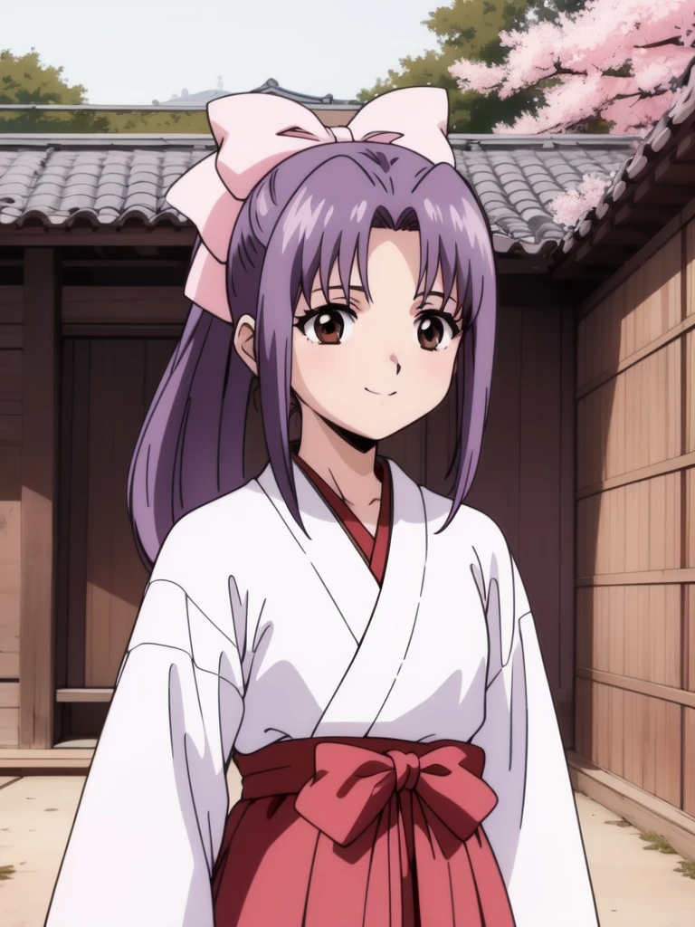 <lora:Koigakubo_Momoko:0.8>, koigakubomomoko, 1girl, soro, hair_bow, pink_bow, long_hair, brown_eyes, purple_hair, bangs, ponytail, smile, cowboy Shot,
japanese white clothes, miko, red hakama, shrine, cherry blossom,
2000s \(style\), anime, anime_screencap, animated gif, mp4 ,video, animated,