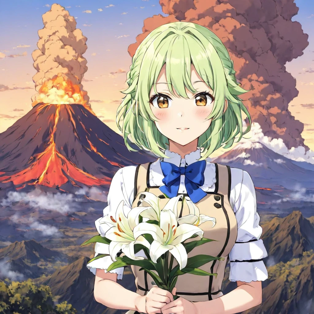 <lora:UniformLoraXL-000005:1>,mhuni34_clothes,1girl,green hair,short hair,volcano,outdoors,holding Lilly,masterpiece,high quality,detailed,[blue bow],anime,solo