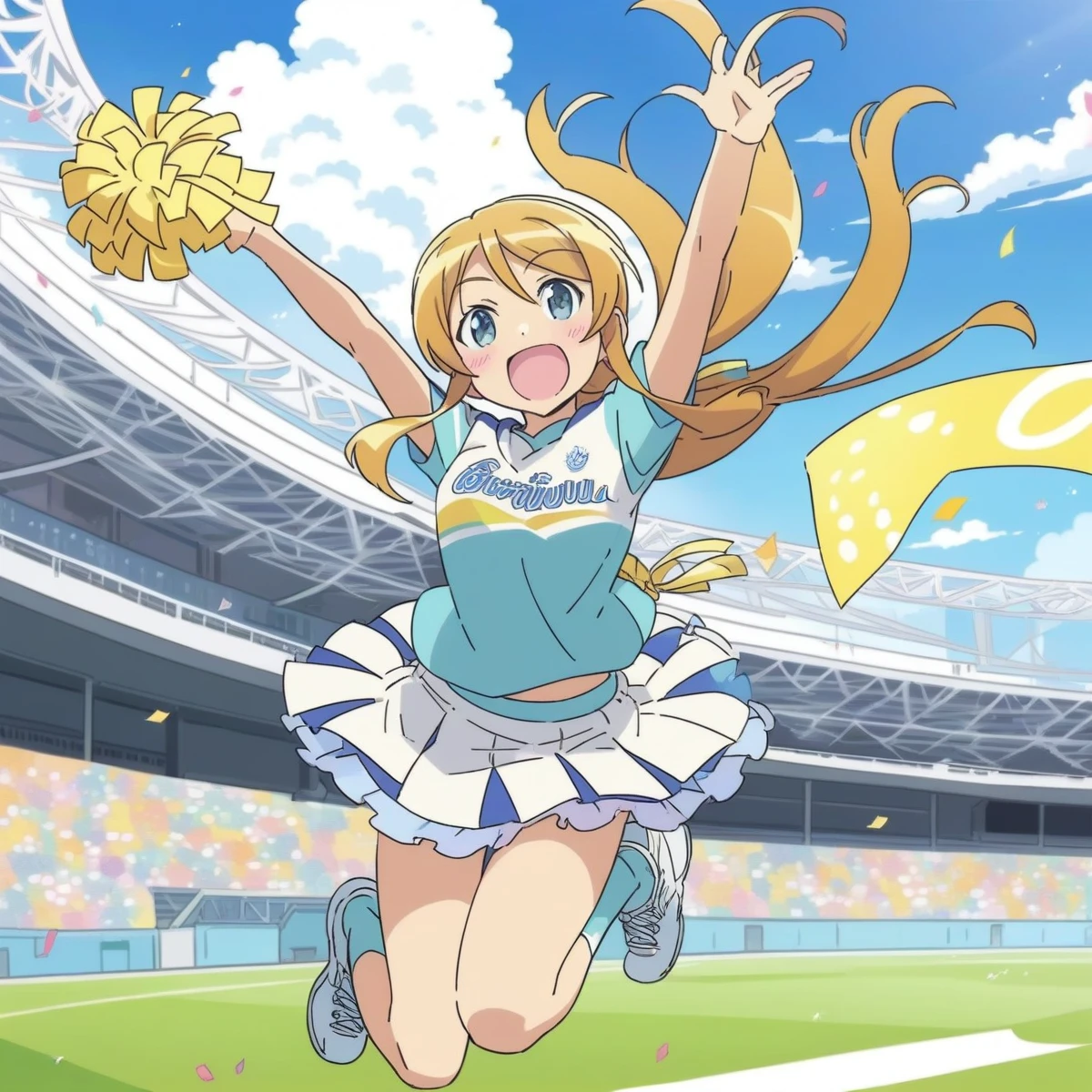 kirino,  <lora:kirino_XL:0.9>, cheerleader, jumping, open mouth, football stadium, full body, ultra-detailed, detailed, beautiful detailed eyes, beautiful detailed face, anime coloring, official style, 8K, highres, newest, late,  solo, cute