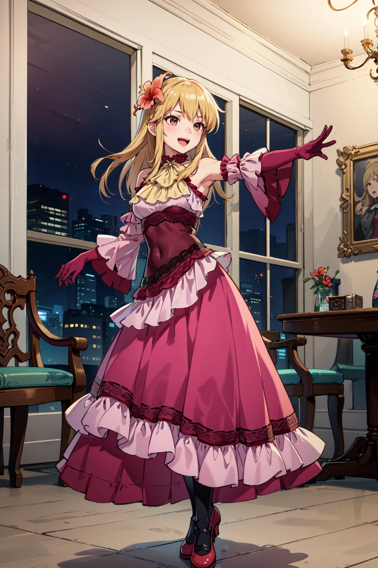 masterpiece,best quality,anime,(2d:1.2),
<lora:PriscilaNai:1>
1girl, solo, blonde hair, long hair, dress, bridal gauntlets, red dress, choker, cleavage,hair ornament, outdoors, jewelry, necklace, smile, looking at viewer, huge breasts, braid, gloves, ribbon, standing, collarbone, red eyes, floating hair, elbow gloves, hair ribbon, striped, black gloves, long dress,bare shoulders