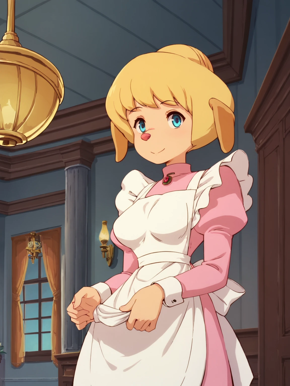 score_9, score_8_up, score_7_up,best quality, 4k, uncensored,  prefect lighting,  rating_explicit, very aesthetic,
1girl,solo,zzhudaa, (furry female,no human:1.2),dog pink nose, blonde hair, short hair, hair bun, blue eyes ,pink maid,turtleneck
, medium breasts, looking at viewer,smile 
indoor , sianding , room,Chandelier
upper body, cinematic angle and cinematic pose,official anime screencap, 
<lora:SHHudson_Ponyv1:1>