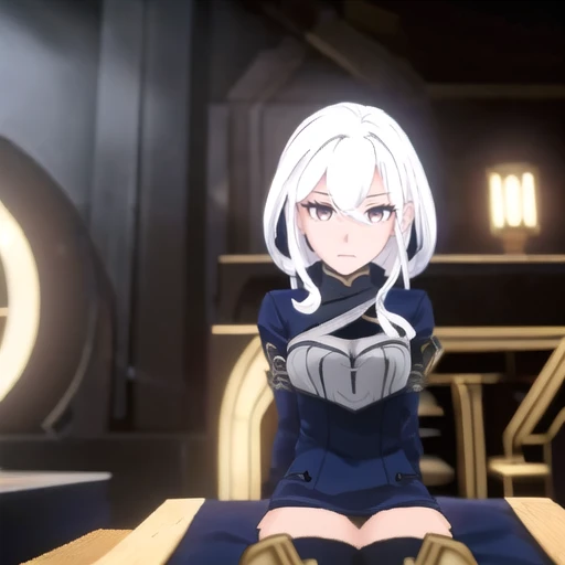, masterpiece, Highest Quality, Highest Resolution, perfect background, perfect perspective, sharp image, perfect details, perfect lighting, perfect shadows, Perfect lighting, Best anime, background, 3D anime, 3D, black outline, 1girl, indoors, white hair, sitting, depth and field,
