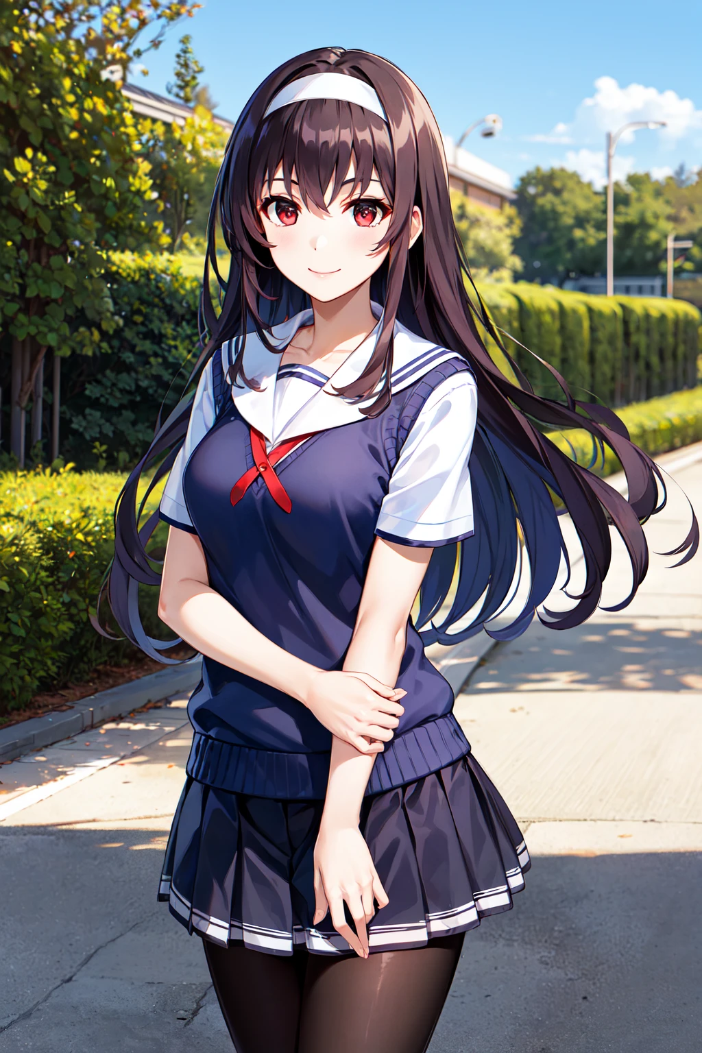 masterpiece, best quality, highres, aautaha, long hair, black hair, hairband, school uniform, sailor collar, sweater vest, blue sweater, white shirt, short sleeves, pleated skirt, blue skirt, (black pantyhose:1.2), <lora:kasumigaoka_utaha_v2-1:0.7>, standing, cowboy shot, outdoors, smile