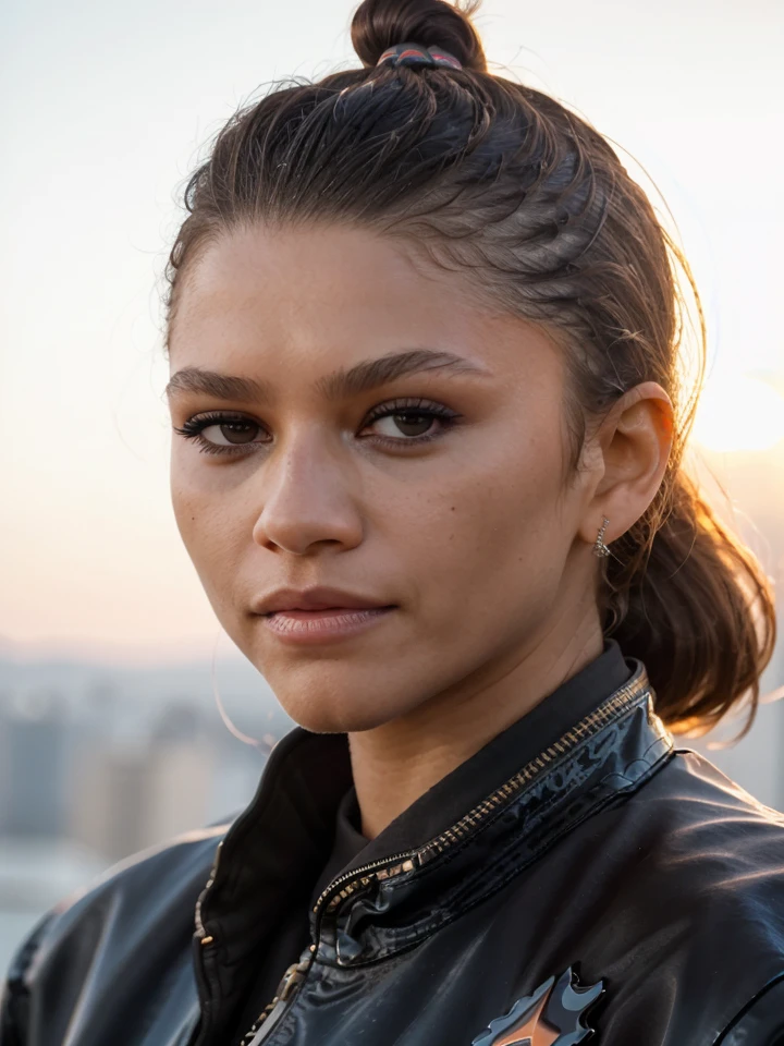 raw photo,(close-up),znd,ponytail,abstract background,black jacket,sunrise,dof,volumetric lighting,(film grain:1),add_detail,(rim lighting:1.1)