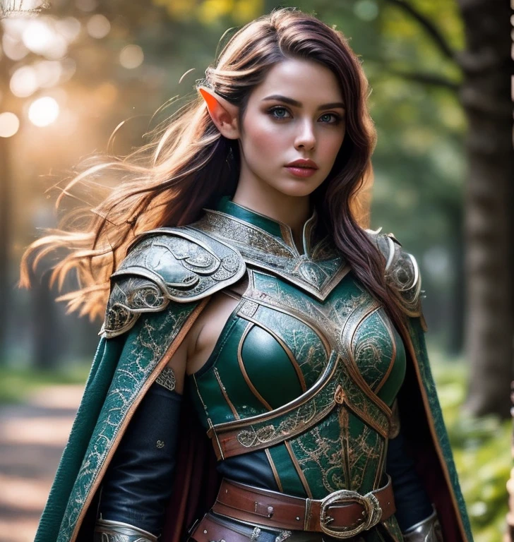 (masterpiece:1.2), (best quality,:1.2), 8k, HDR, ultra detailed, ((photorealistic)), perfect anatomy, professional light, cinematic lighting, fashion photography, ambient lighting,<lora:detail_slider_v4:2>, a female elven warrior, ((cowboy shot)), wearing intricate orange and black leather armor with tree pattern, belt, cape, elar, <lora:ElvenArmor-10:0.6>, epiCPhoto