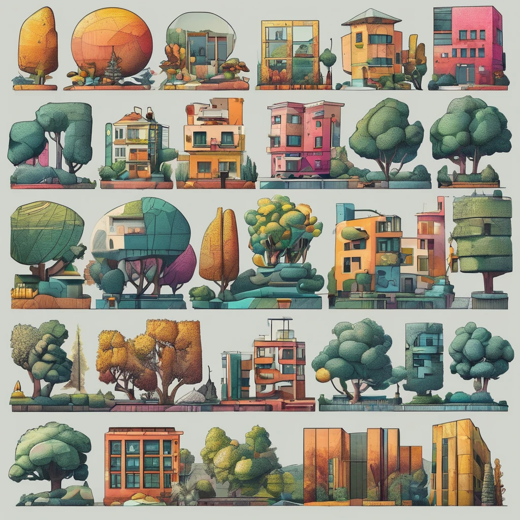 <lora:artfullyDOWNTOWN.IC_SDXL_V1 (1):0.5>,sustainable architecture,landscapping and design,buildngs,geometric,vibrant tones,pastels,white background,set up in a grid,in the style of beautiful masterpieces,intricate details,character design,best quality,absurd resolution,a set of illustrations of trees and plants on different colored backgrounds,tree collection set in grid format,graphic design-inspired illustrations,in the style of colorful geometric shapes,lightbox,rectangular fields,retro filters,rounded shapes,sculptural reliefs,sketchfab,abstract city,in the style of geometric forms and patterns,in the style of neon grids,planar art,nature-based patterns,multidimensional shading,sharp & vivid colors,streamlined design,strong linear elements --style raw --stylize 700,