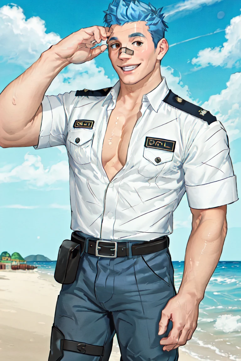 (1 image only),  solo male,  Orville,  Animal Crossing,  personification,  blue hair,  short hair,  black eyes,  aviation pilot uniform,  white collor shirt,  (widely open shirt),  hands opening shirt,  bare chest,  epaulette,  blue pants,  socks,  black footwear,  (bandaid on nose),  mature,  bara,  handsome,  charming,  alluring,  smile,  standing,  upper body,  perfect anatomy,  perfect proportions,  (best quality,  masterpiece),  (perfect eyes,  perfect eye pupil),  perfect hands,  high_resolution,  dutch angle,  cowboy shot,  seaside,  summer,  sweaty,  shiny skin,<lora:EMS-298324-EMS:0.800000>