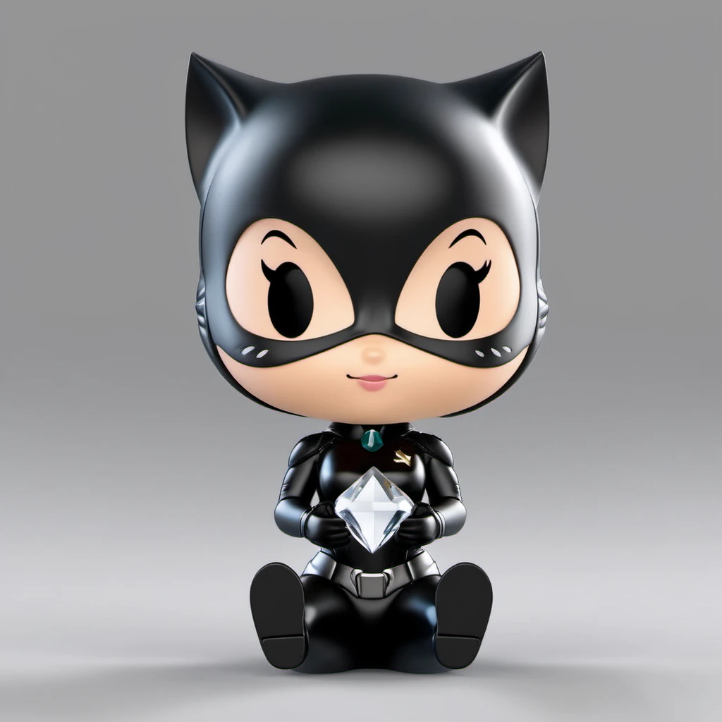 blind box style of Catwoman holding a diamond sitting on the ground,simple background, chibi, solo,(big head:1.2),small body,octane render, highly detailed, volumetric, dramatic lighting,pop, <lora:pop:0.8>