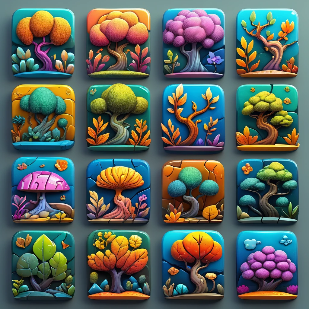 <lora:artfullyTILES_SDXL_V1:0.7>icon collection arranged in a grid of a set of different colored creatures in different shape designs,concept art,dark matter art,detailed botanical studies,detailed character illustrations,detailed miniatures,detailed painting,flower and nature motifs,fragmented icons,in the style of hyper-realistic still life,in the style of hyperrealistic illustrations,in the style of photorealistic compositions,in the style of surreal cyberpunk iconography,lightbox,moody color schemes,neogeo,shaped canvases,unusual cropping,urban-inspired murals,vibrant palette,voxel art,colorful mindscapes,colorful costumes,cryengine,in the style of colorful fantasy,in the style of colorful fantasy realism,in the style of fantastical and imaginative creatures,in the style of highly detailed foliage,inventive character designs,joyful celebration of nature,made of flowers,nature-inspired installations,organic chaos,whimsical weavings,twisted branches,thick texture,sketchfab,primitivist realism ,