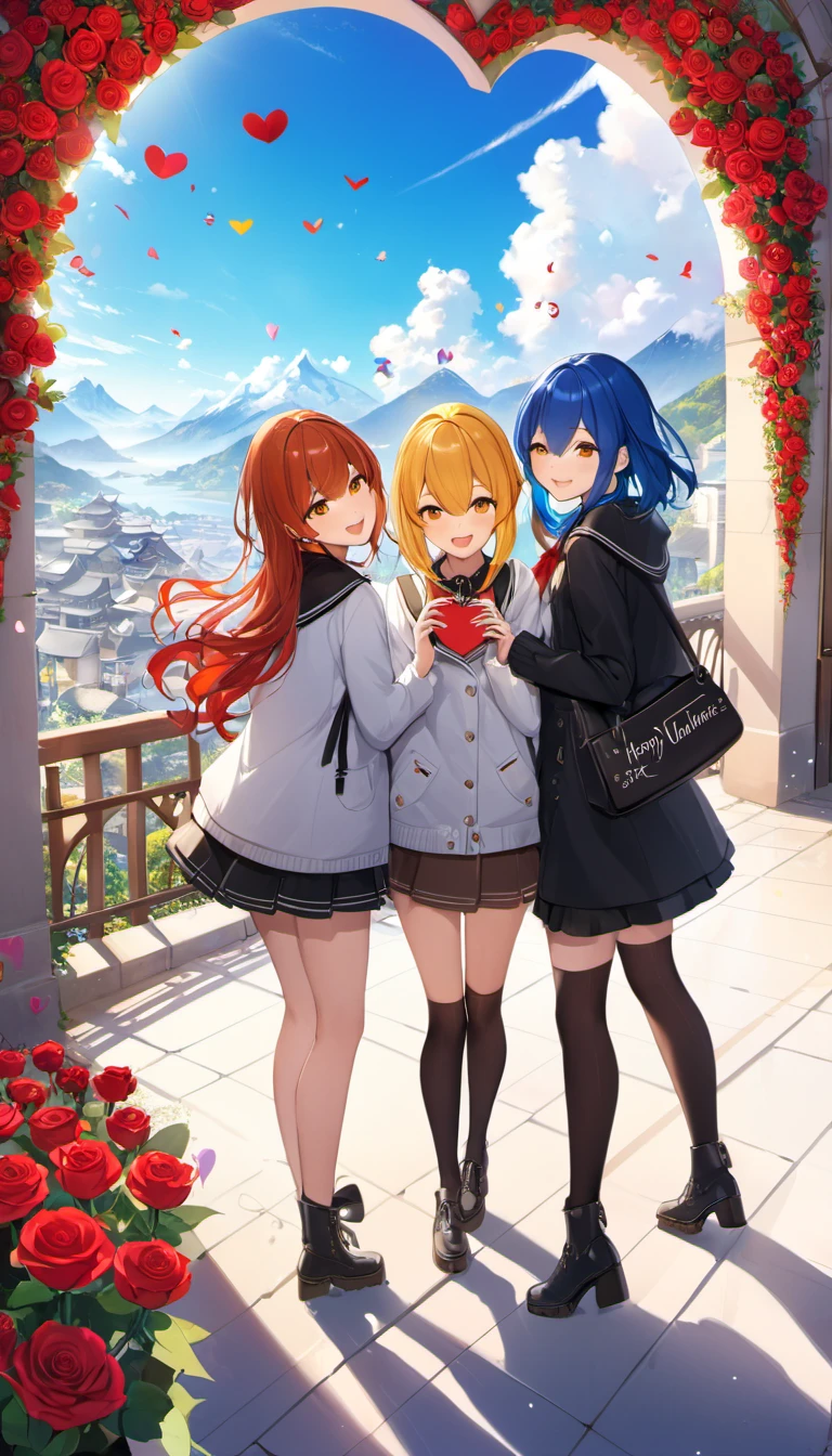 3girls, happy valentine, vivid, scenery, detailed background, masterpiece, best quality, high quality, absurdres