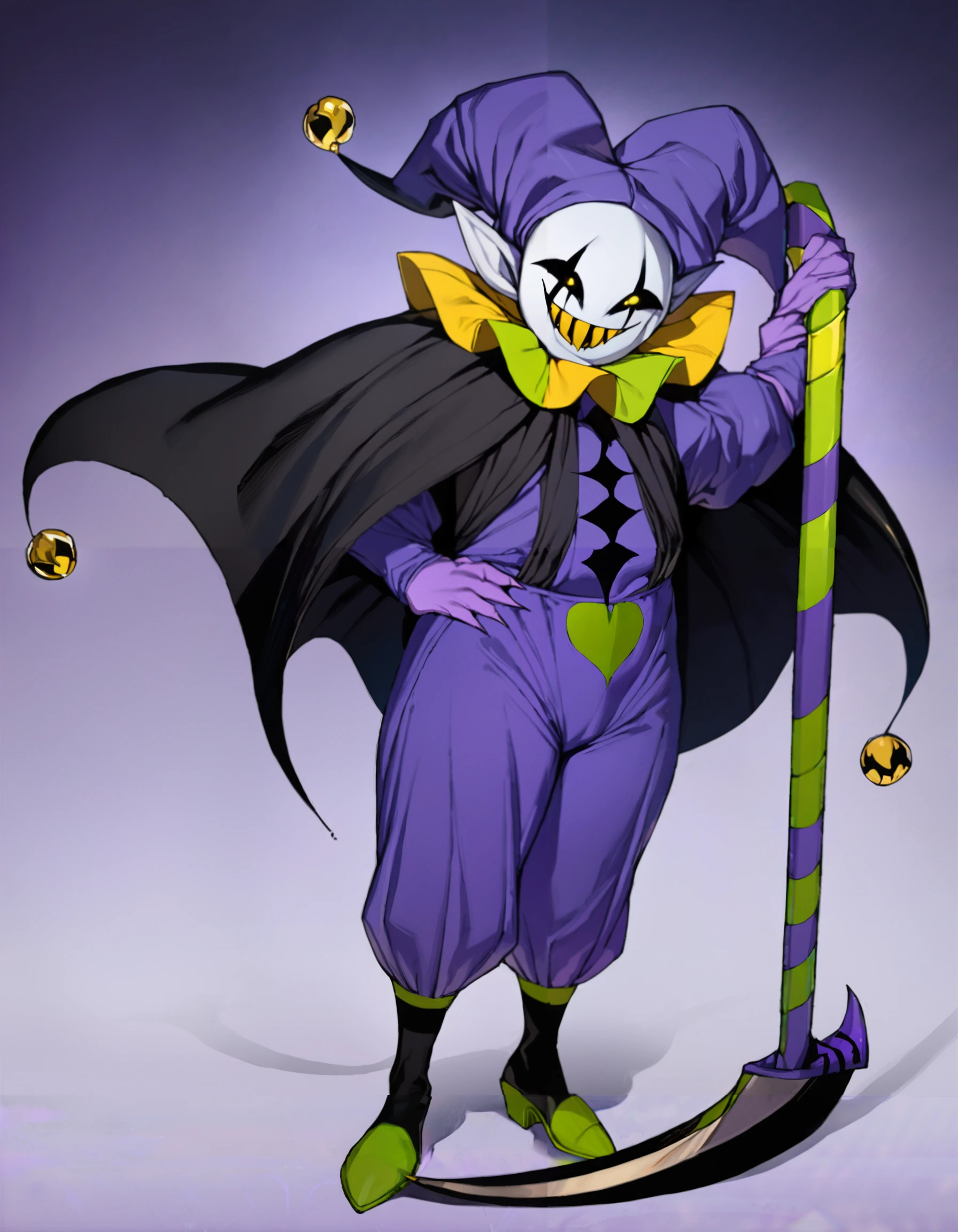 jevil, scythe, smile, grin, full body, standing, masterpiece, best quality