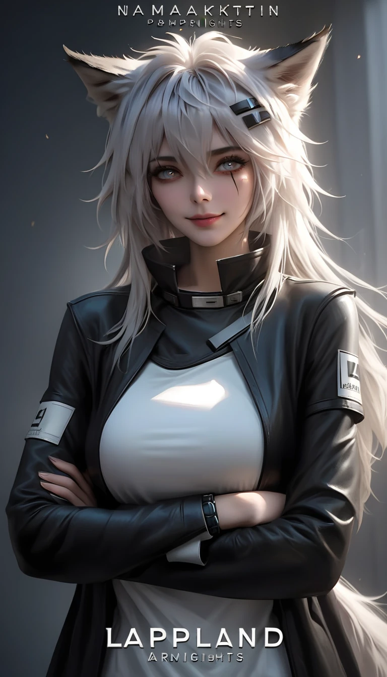  scar across eye,  
((lappland_(arknights), orig)), 1girl,solo,long hair,looking at viewer, smile, bangs, simple background, hair ornament, long sleeves,white background, animal ears,hair between eyes, jacket, upper body, white hair,one eye closed, hairclip,black jacket, grey eyes, crossed arms, wolf ears, scar across eye,  infection_monitor_(arknights), 

(masterpiece, best quality), dim light, cinematic shot, absurdres, HD, 8k, beautiful, detailed, sharp, cinematic lighting, highest quality, ((perfect face, very deep eyes)), Milf, mature female,
