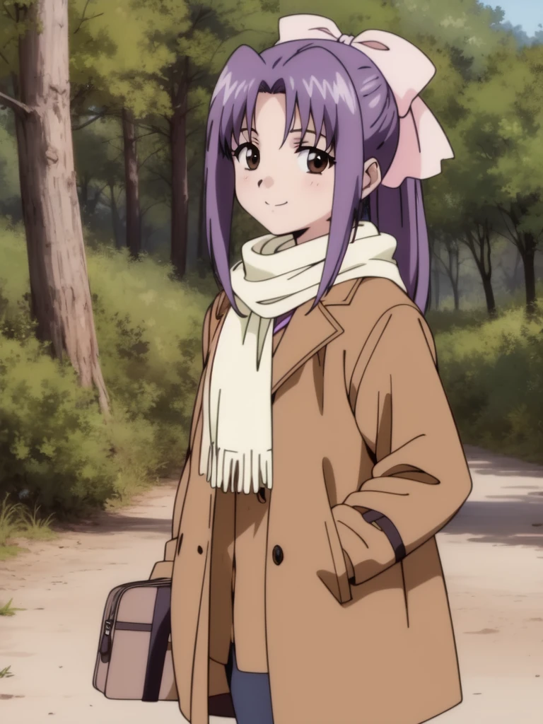 <lora:Koigakubo_Momoko:0.8>, koigakubomomoko, 1girl, soro, hair_bow, pink_bow,  long_hair, brown_eyes, purple_hair,  bangs,  ponytail, smile, cowboy Shot,
fur hat, scarf, coat, shoes, happy, standing, looking at viewer, cowboy Shot, forest,
 2000s \(style\), anime, anime_screencap, animated gif, mp4 ,video, animated,