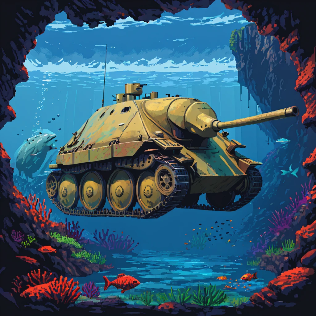 A htztnk tank is navigating the depths of a vibrant coral reef. Its armored shell merges seamlessly with the tanks's natural carapace. Fins replace the tracks, propelling it gently through the water among schools of colorful fish  ((pulp_comic, heavy_lines, hand_drawn, hand_inked, hand_colored, perfect_face, apxlz))