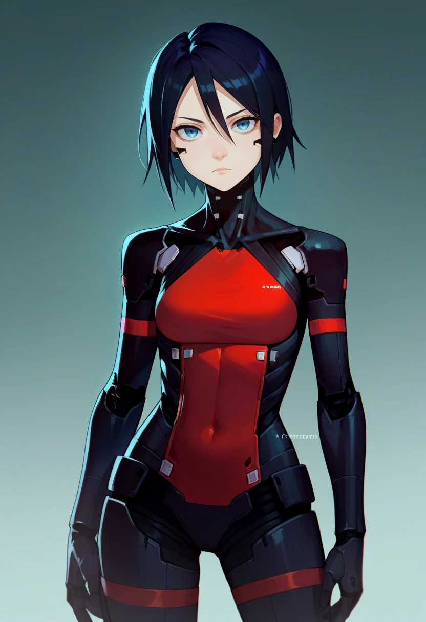 Boy, effeminate, tall, dark hair, pixie cut, mech pilot suit main color black with red accents, pale skin, thick thighs, small waist, ((best quality)), ((masterpiece)), ((detailed)),