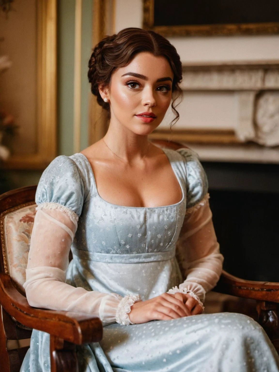 analog photography, film grain, a high quality instagram post by an influencer girl, in a regency period sitting room, cinematic and natural lighting, (pores sweat skin texture vellus hairs:0.5), bokeh, 8k textures, female (zayn malik dacre montgomery:0.8) in a regency period dress, <lora:AnalogRedmondV2:0.1> AnalogRedmAF <lora:Regency_Period:0.7>