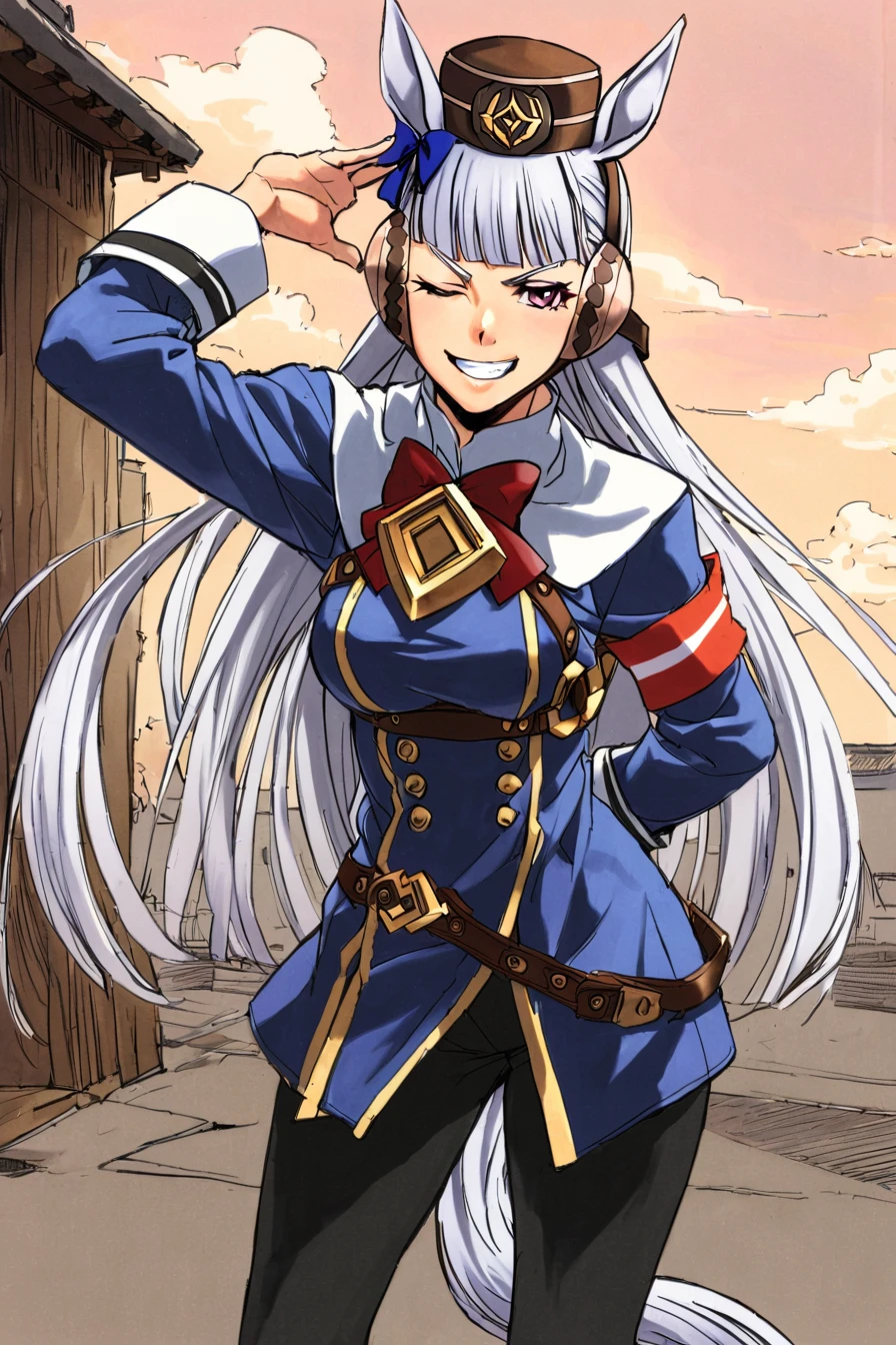  best quality,，Guilty Gear style, 1girl, horse girl, gold ship \(umamusume\), solo, looking at viewer, standing, grin, horse ears, horse tail, purple eyes, one eye closed, long hair, grey hair, blunt bangs, breasts, hat, black pants, coat, long sleeves, ribbon, arms behind back, armband, blue sky, outdoors, cloud