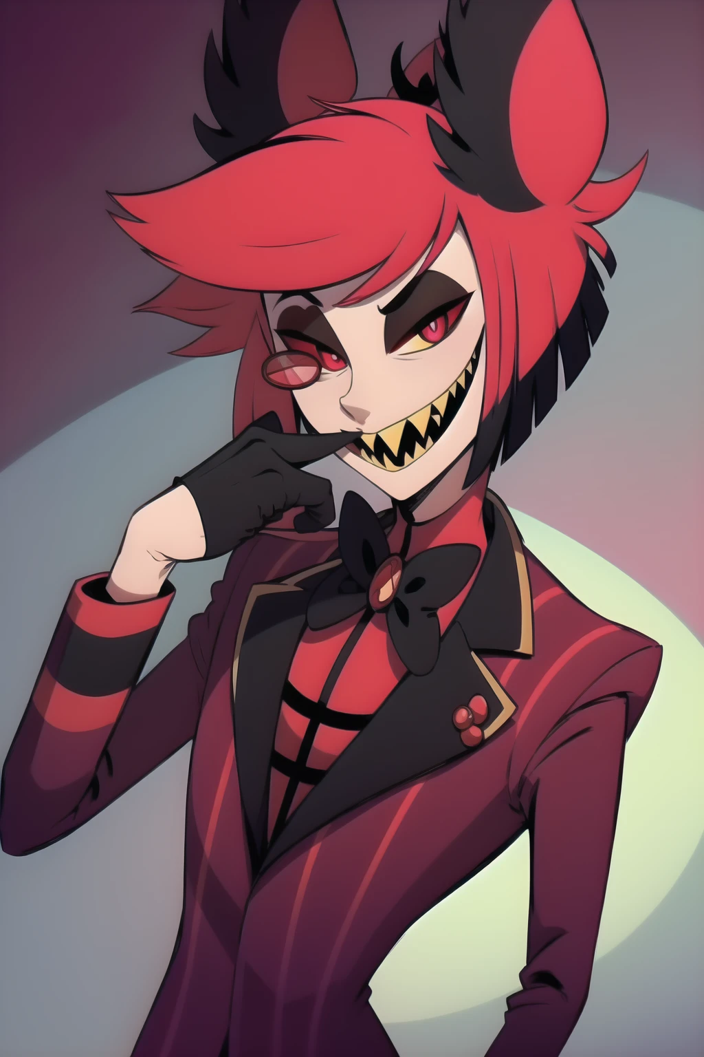 masterpiece, best quality, gloves, glove biting,  <lora:Glovebiting-02-000005:1>,  <lora:Alastor-001:0.7>, bowtie, jacket, monocle, suit, Crosier, 1boy, solo, animal ears, sharp teeth, red eyes, teeth, bow, smile, looking at viewer, slit pupils, red hair, grin, multicolored hair, red sclera, biting the finger of his glove,