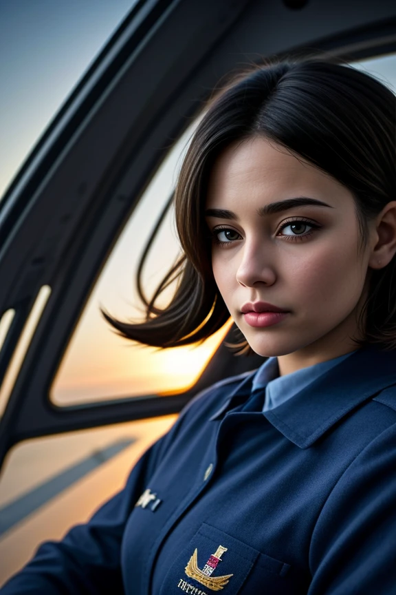 2. A female pilot (ethnicity: Caucasian, age: early 40s) in the cockpit of a commercial airliner (model: modern, advanced). She's dressed in a crisp, navy blue uniform (fabric: wool blend) with golden stripes and badges denoting her rank. Her hairstyle is a sleek, short bob, and her makeup is professional and understated. She's confidently navigating the controls (detail: high-tech), looking out of the cockpit window at a breathtaking sunrise, reflecting a sense of calm expertise.