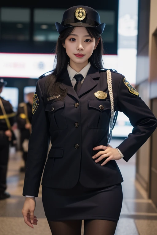 ltra-detailed,highly detailed,best quality,masterpiece,illustration,realistic,photorealistic,
1girl, solo, japanese police uniform,
a 24yo japanese policewoman wear police uniform,
police hat, jacket, pencil skirt, pantyhose,
cowboy shot, looking at viewer,
<lora:japanese police uniform_v1_02:0.7>
