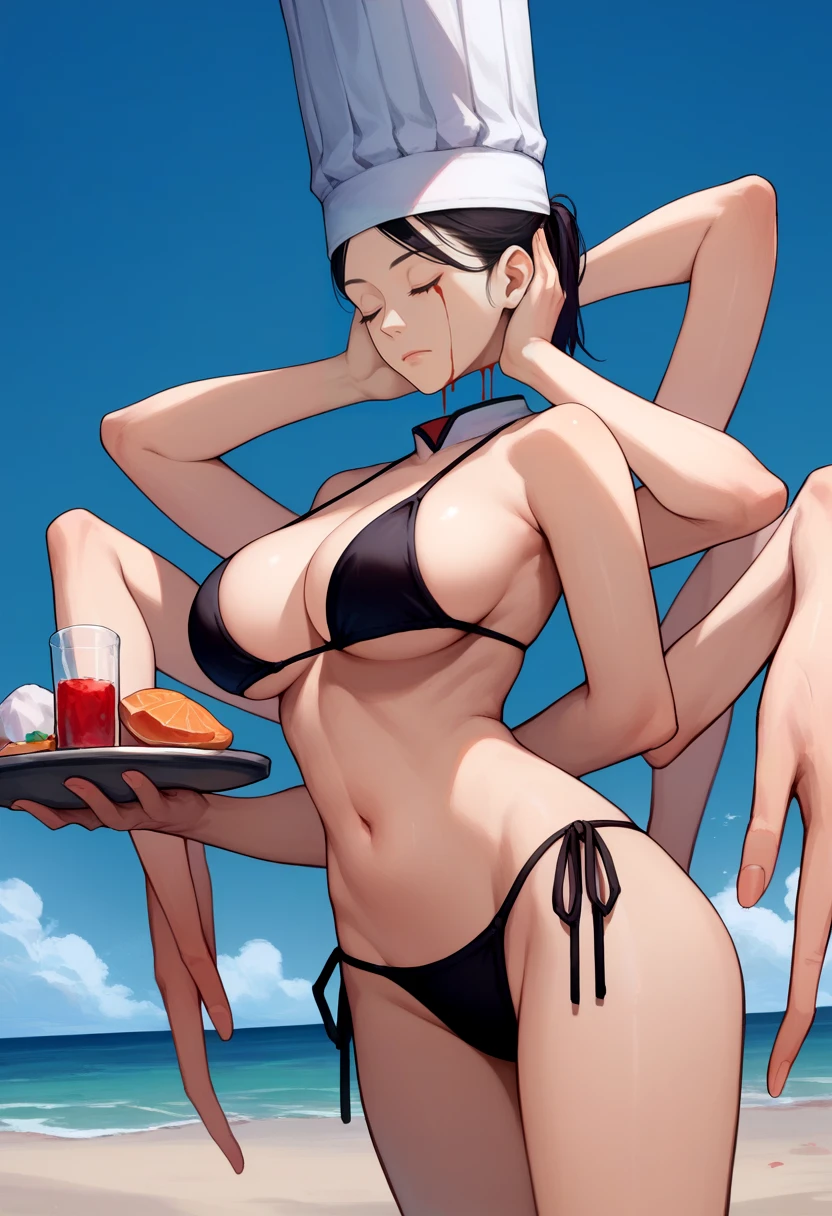 score_9, score_8_up, score_7_up, source_anime, solo, 1girl, fallingdevil, disembodied head, blood on face, extra arms, expressionless, holding tray, chef hat, closed eyes, black bikini, side-tie bikini bottom, large breasts, beach <lora:csm_fallingdevil_ponyXL:1>