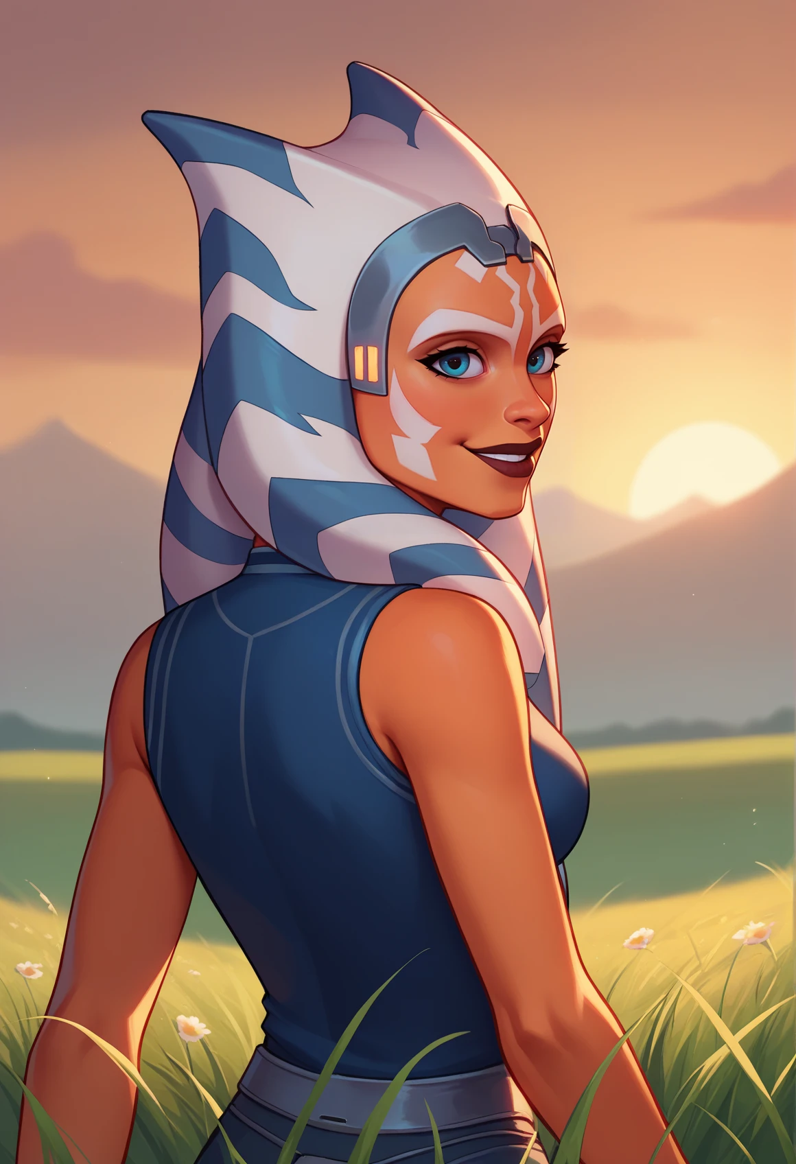 score_9, score_8_up, score_7_up, female, solo, grey headband, ahss7, medium breasts, <lora:AhsokaS7PDXL_V1-Manityro-adamw:1.0>, outdoors, sunset, field, grass, looking at viewer, smile, parted lips, Outfit1, blue shirt, sleeveless, three-quarter view, from behind