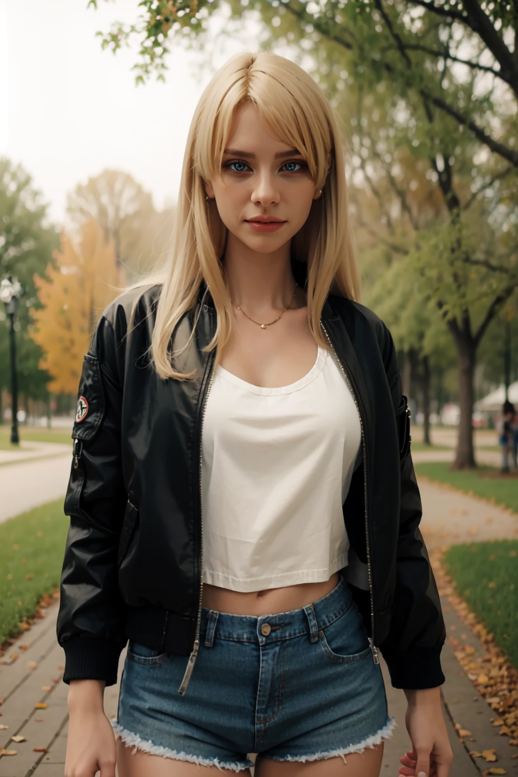 <lora:mondongo_LoRA_MaddiePhillips_v2:1> mndngwmn, blond hair,wearing jean shorts, black bomber jacket, on a park, (ultra realistic, 8k,high quality)