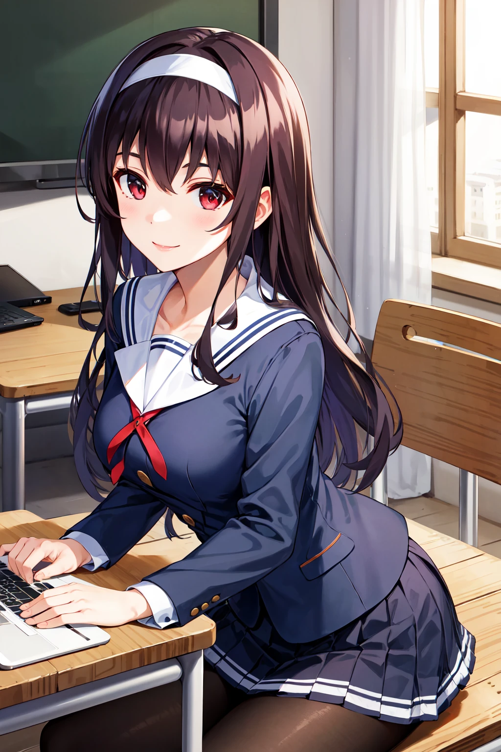 masterpiece, best quality, highres, aautaha, long hair, black hair, hairband, school uniform, sailor collar, blue blazer, long sleeves, pleated skirt, blue skirt, black pantyhose, <lora:kasumigaoka_utaha_v2-1:0.7>, sitting, room, laptop, desk, upper body, chair, smile,